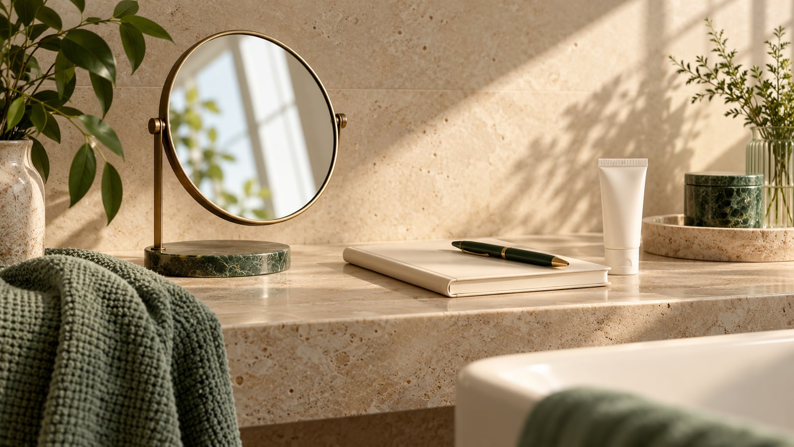 Illustrative mirror, notebook, green pen and unlabelled skincare tube on a sunlit stone shelf