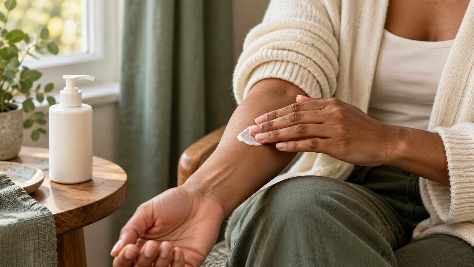 Illustrative adult smoothing moisturiser onto a forearm beside an unlabelled pump bottle