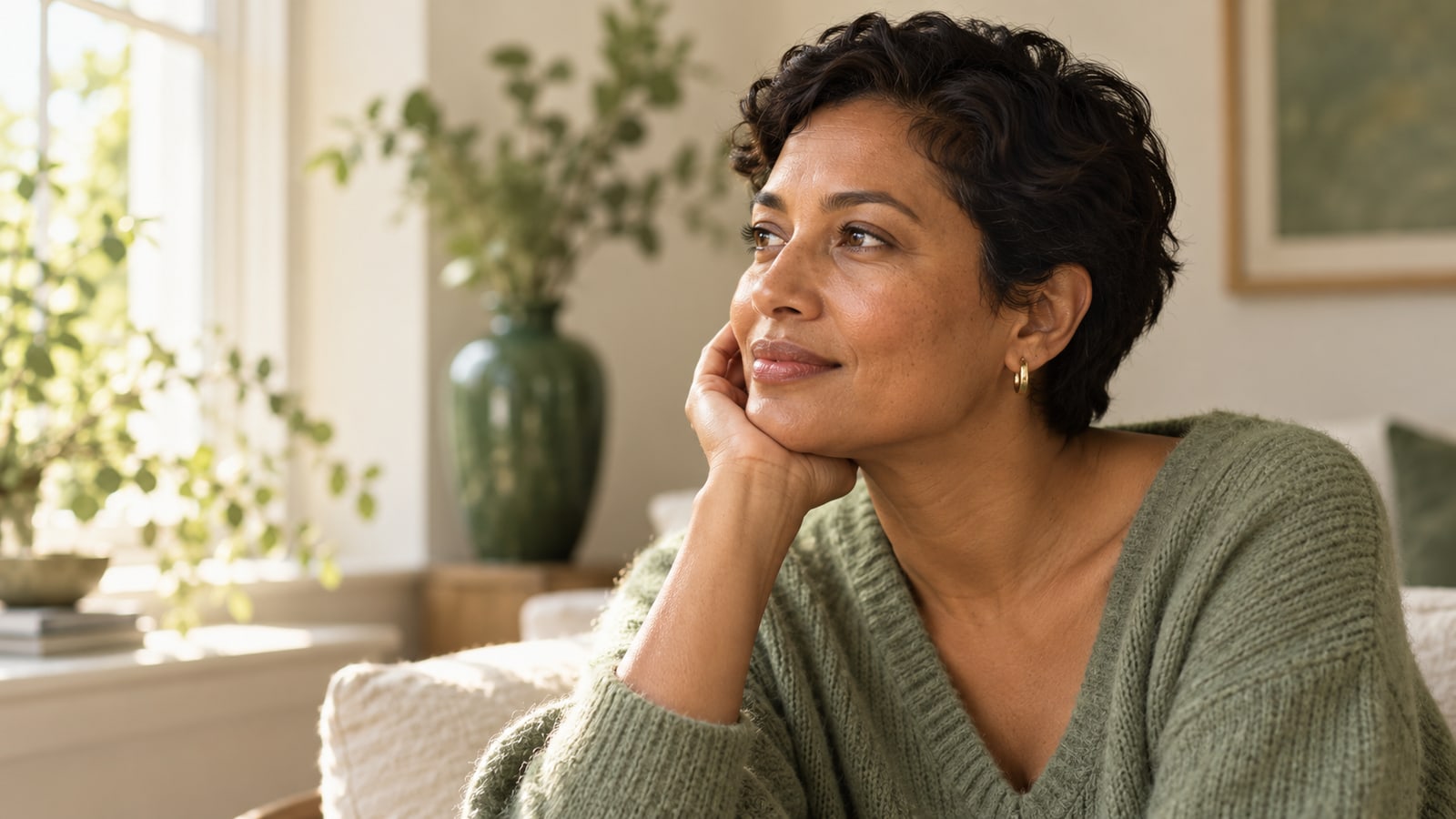 Illustrative adult with short dark hair looking towards a sunlit window in a sage cardigan