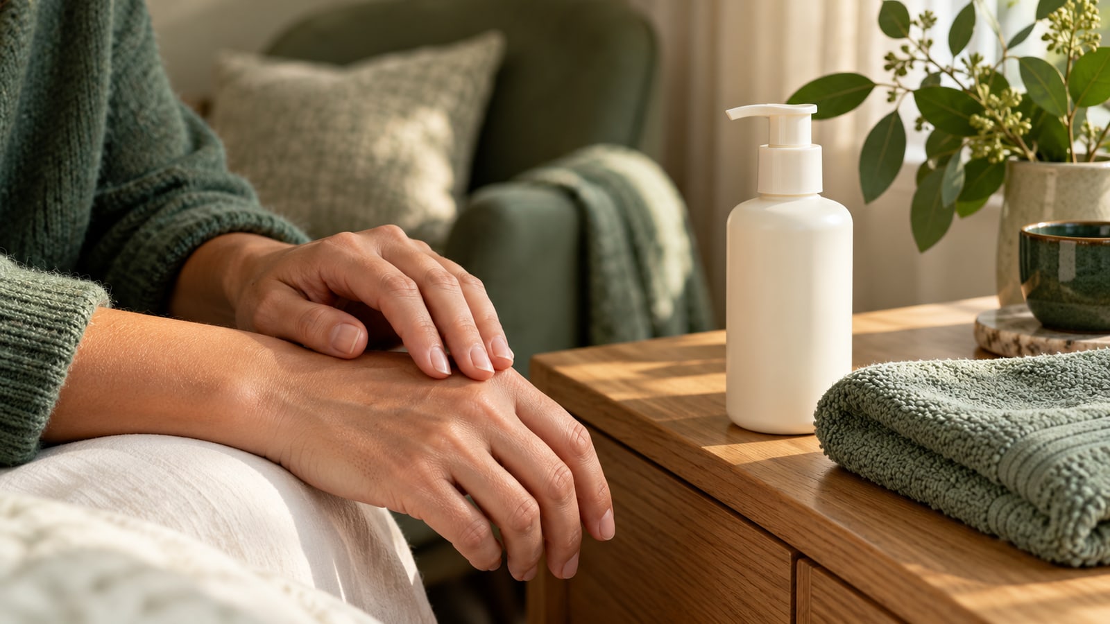 Illustrative adult hands resting beside an unlabelled moisturiser bottle and folded sage towel