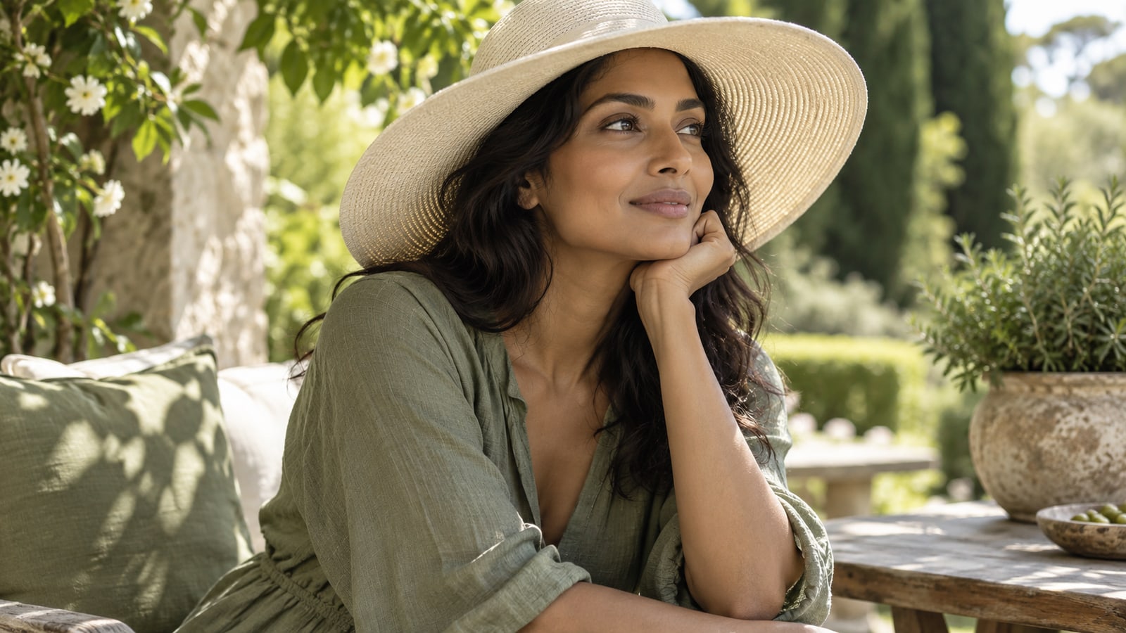 Illustrative adult wearing a wide-brimmed ivory sunhat in garden shade