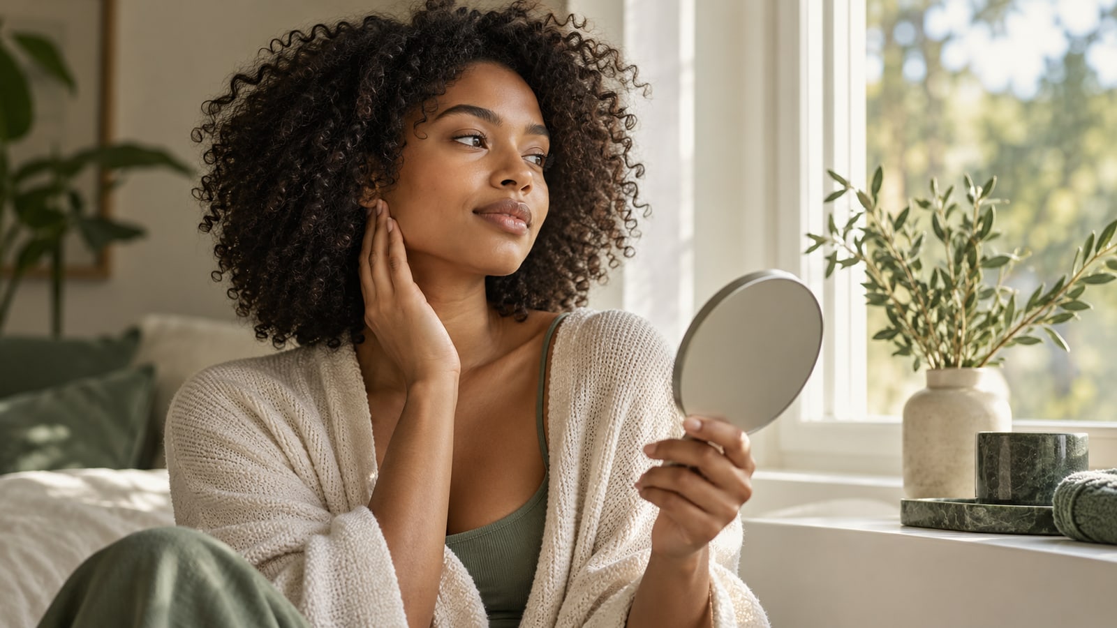 Illustrative adult with curly hair holding a mirror beside a window