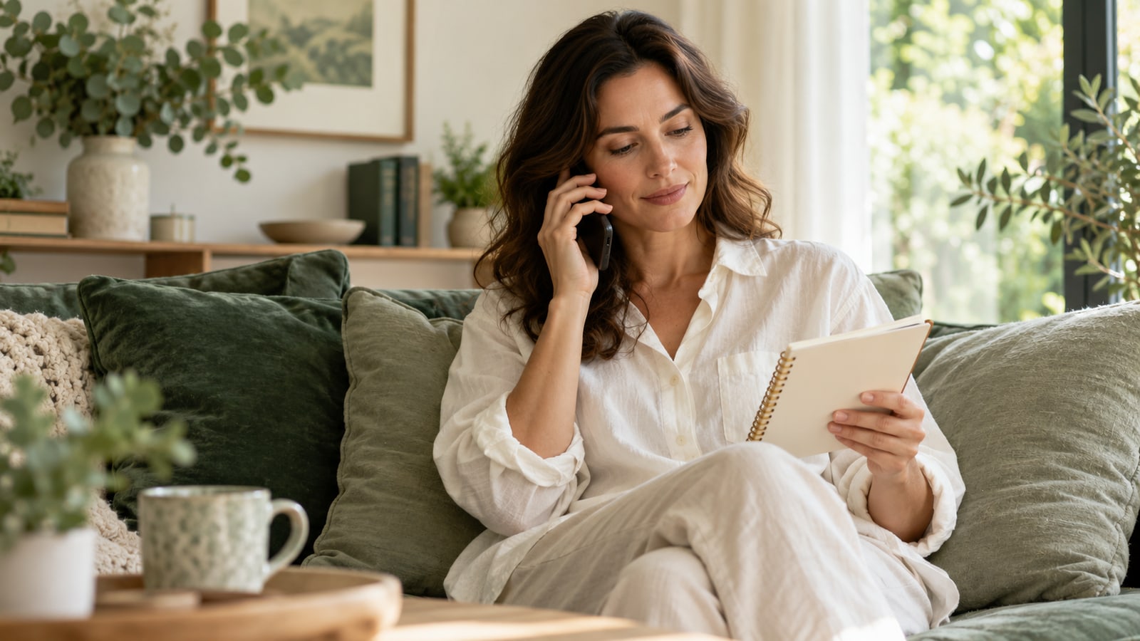Illustrative adult speaking on a phone with a blank notebook