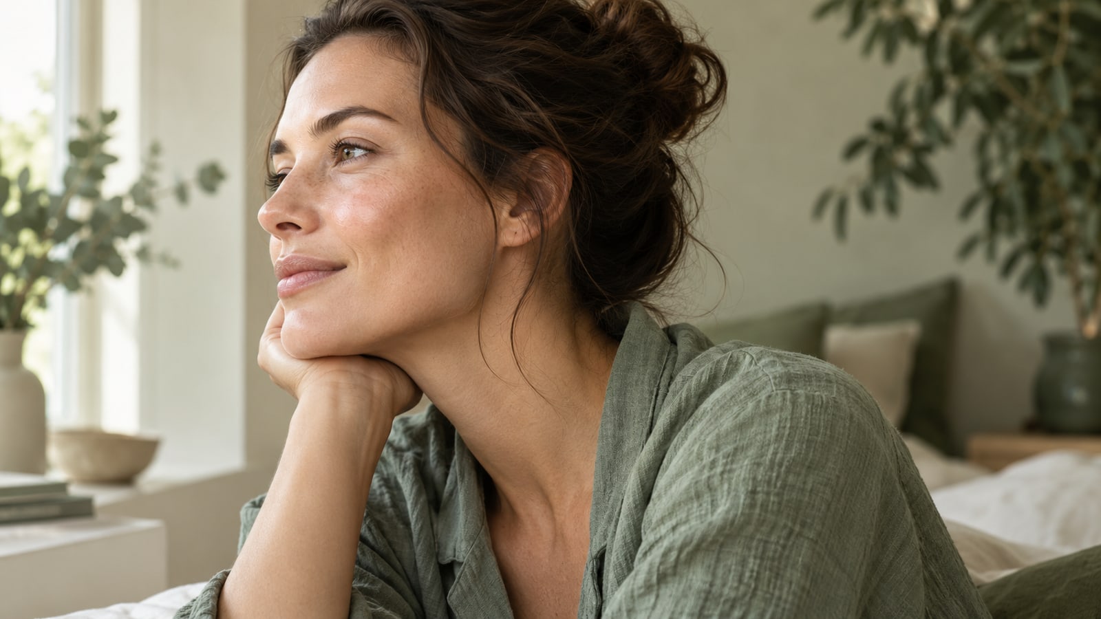 Illustrative adult portrait with natural skin texture in window light