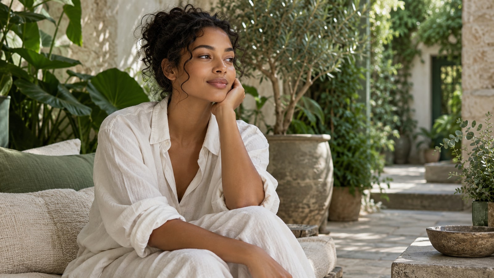 Illustrative young adult seated in a shaded courtyard