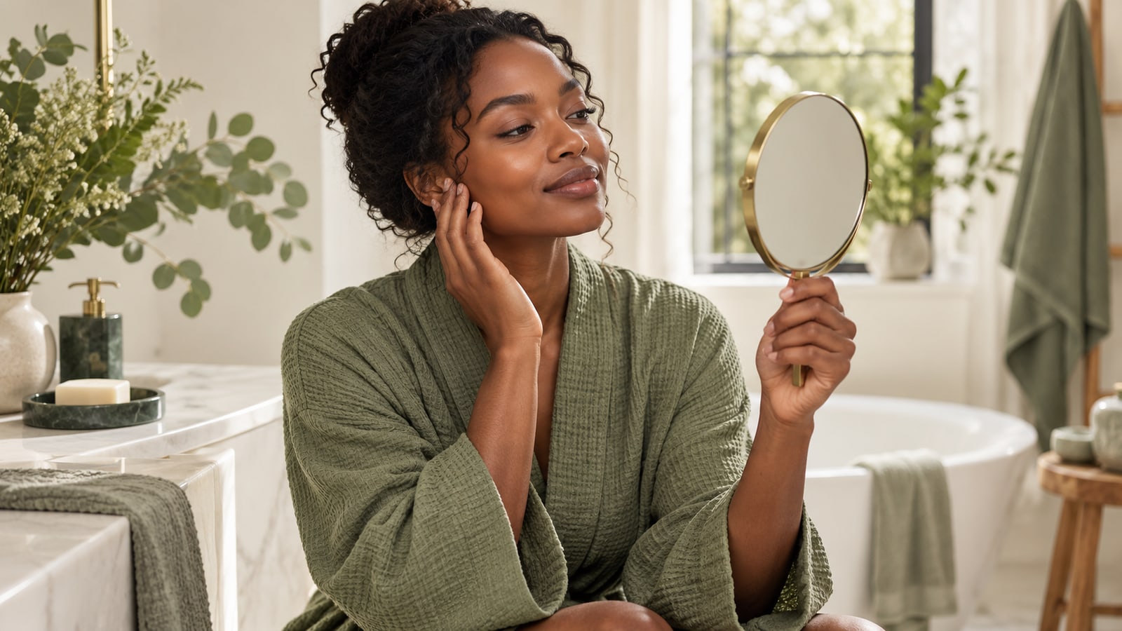 Illustrative adult looking into a handheld mirror in an ivory bathroom
