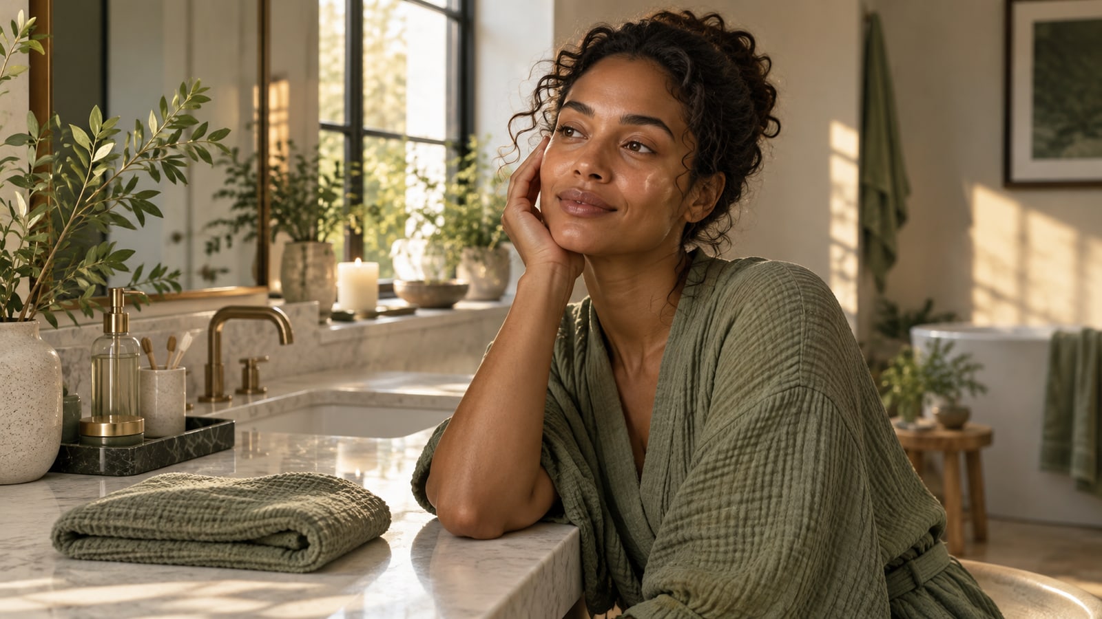 Illustrative adult seated at an ivory bathroom vanity