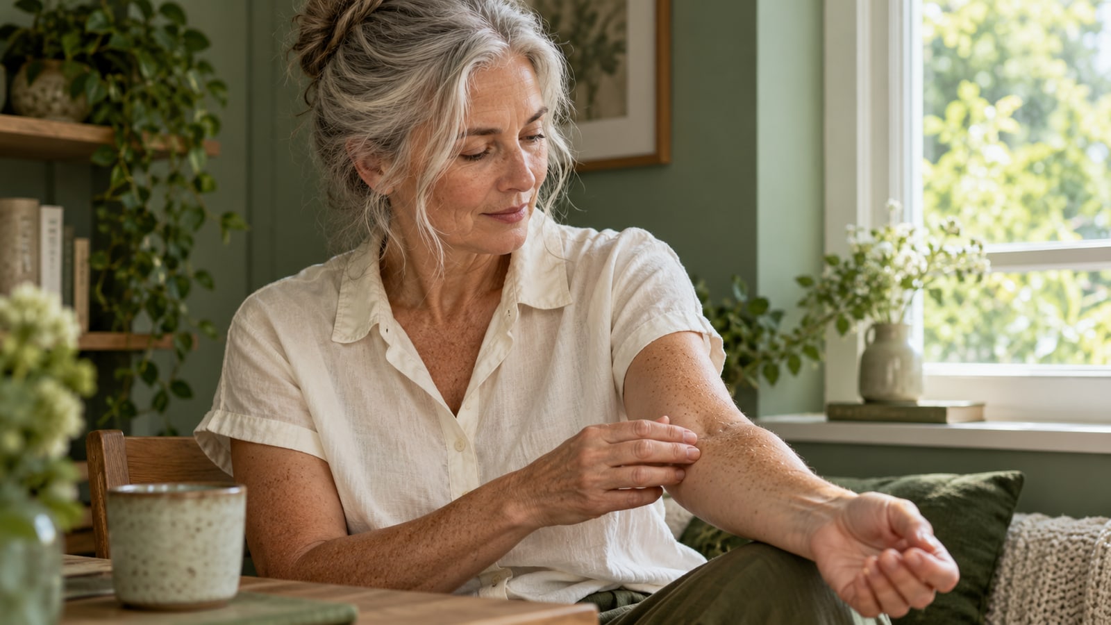 Illustrative older adult looking at a naturally freckled forearm beside a window