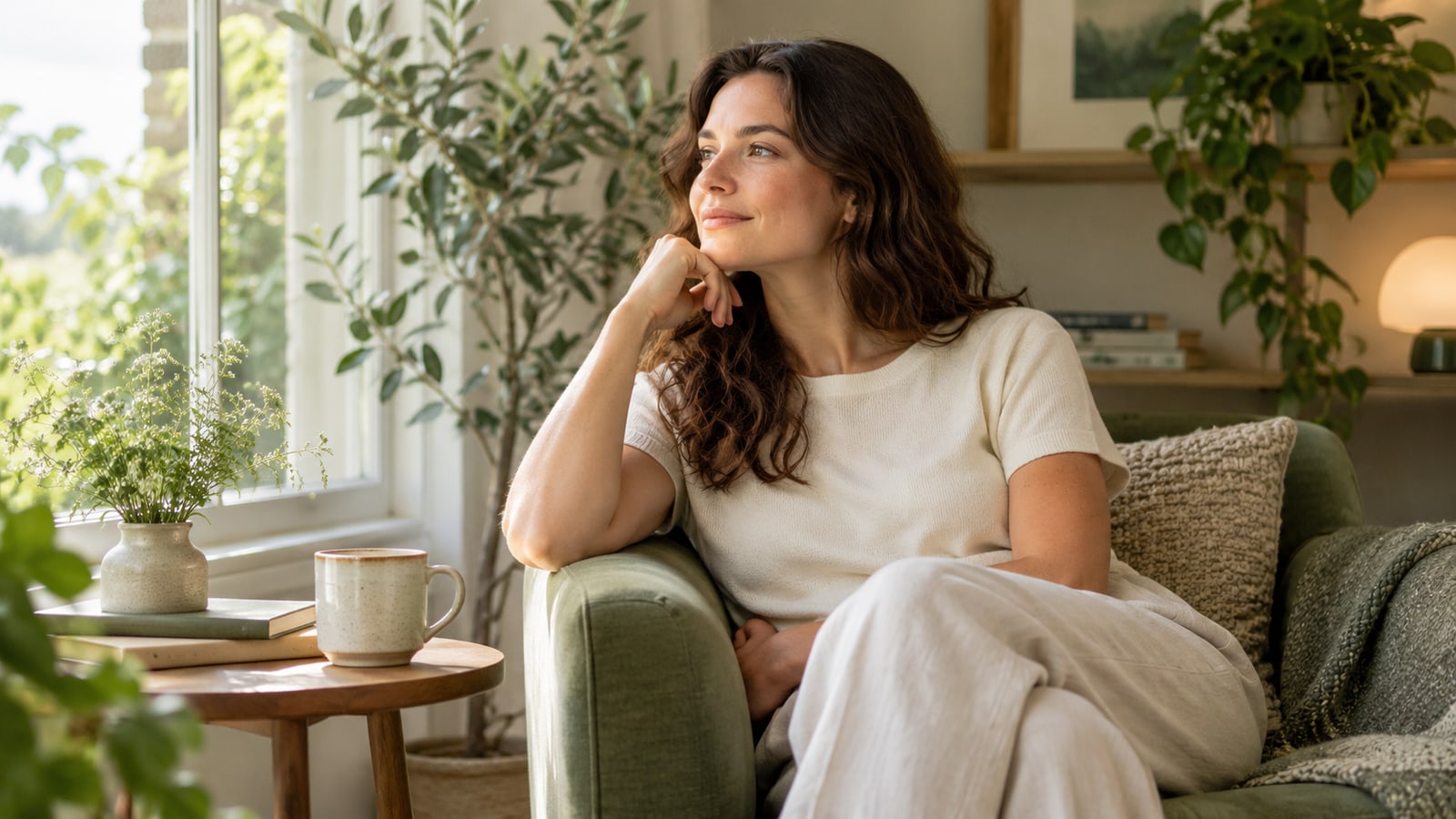 Illustrative adult seated comfortably beside a window in an ivory top