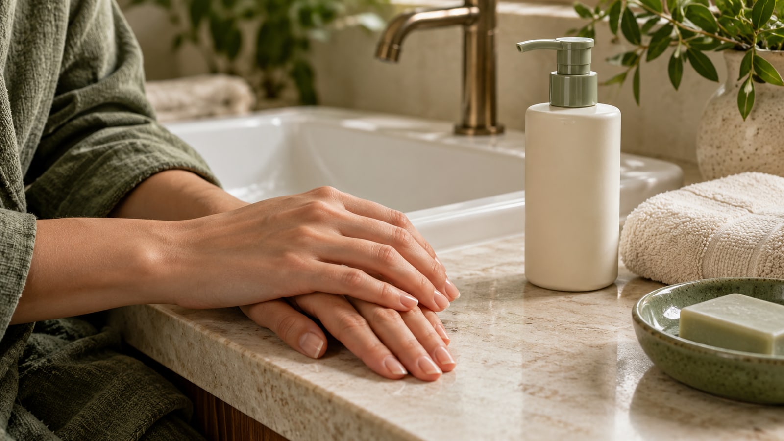 Hands beside a plain moisturiser pump and ivory towel on a sage bathroom counter