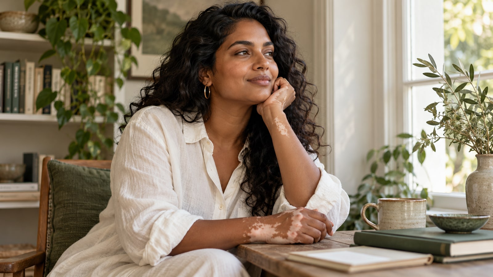 Illustrative woman with lighter vitiligo patches on her hands seated by a window