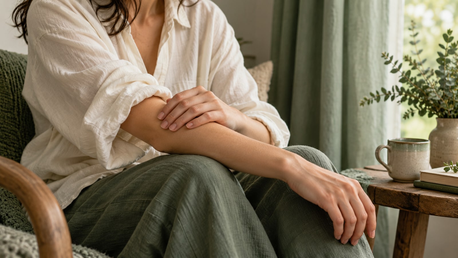 Adult in a loose ivory shirt resting a hand gently on an unmarked forearm.