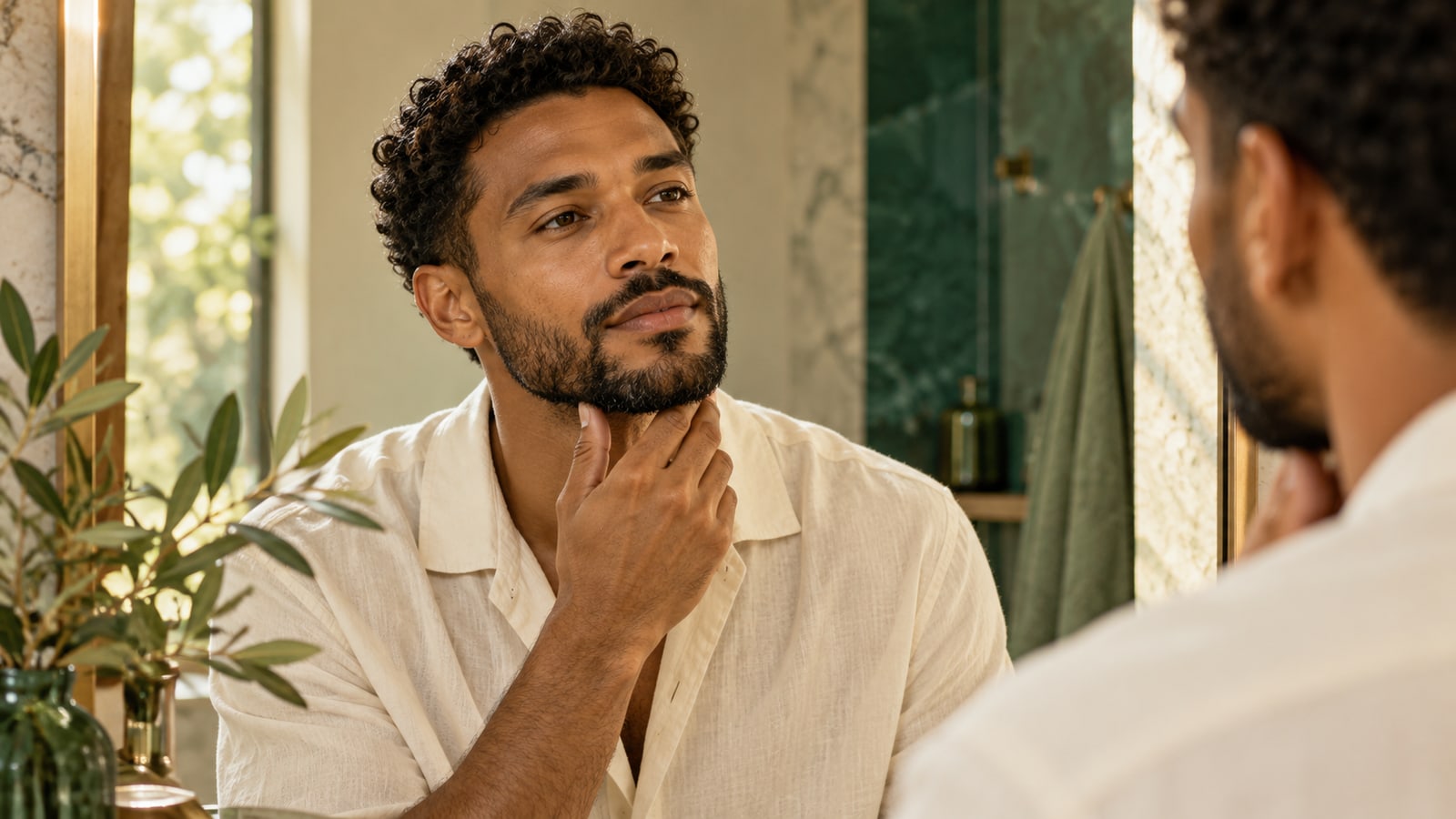 Fictional adult man with a short curly beard looking in a bathroom mirror.