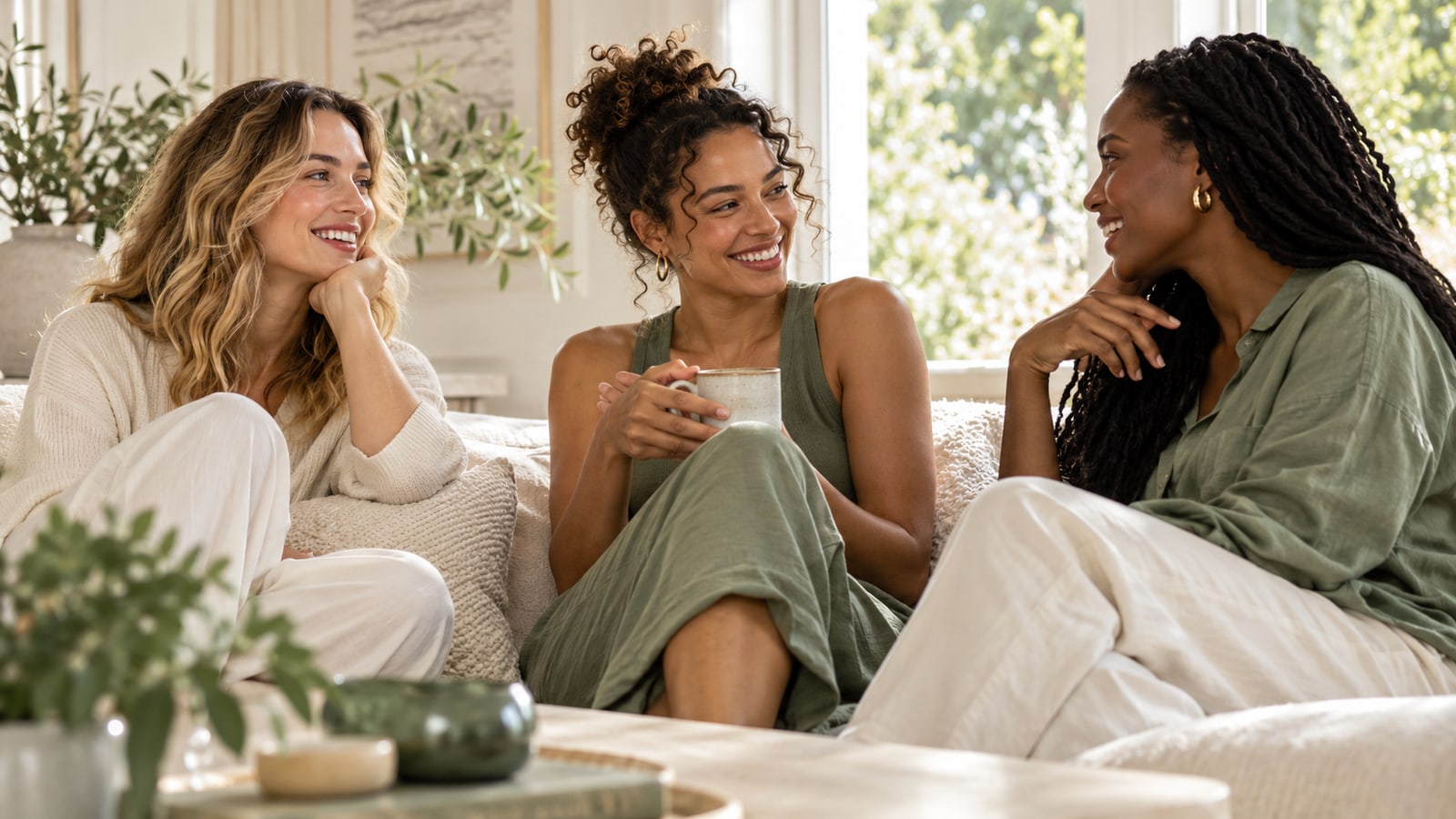 Three fictional adult women with different skin tones talking in a sunlit ivory room.