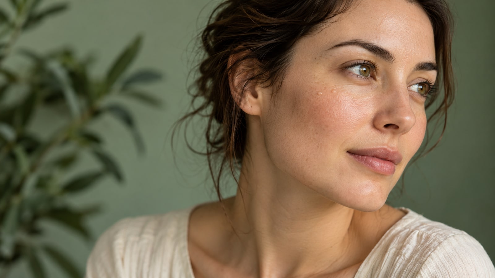 Fictional adult woman with natural skin texture and a few tiny pale cheek bumps in soft daylight.