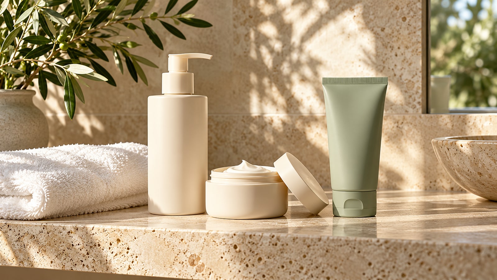 Illustrative cleanser bottle, moisturiser jar and sunscreen tube on a sunlit shelf