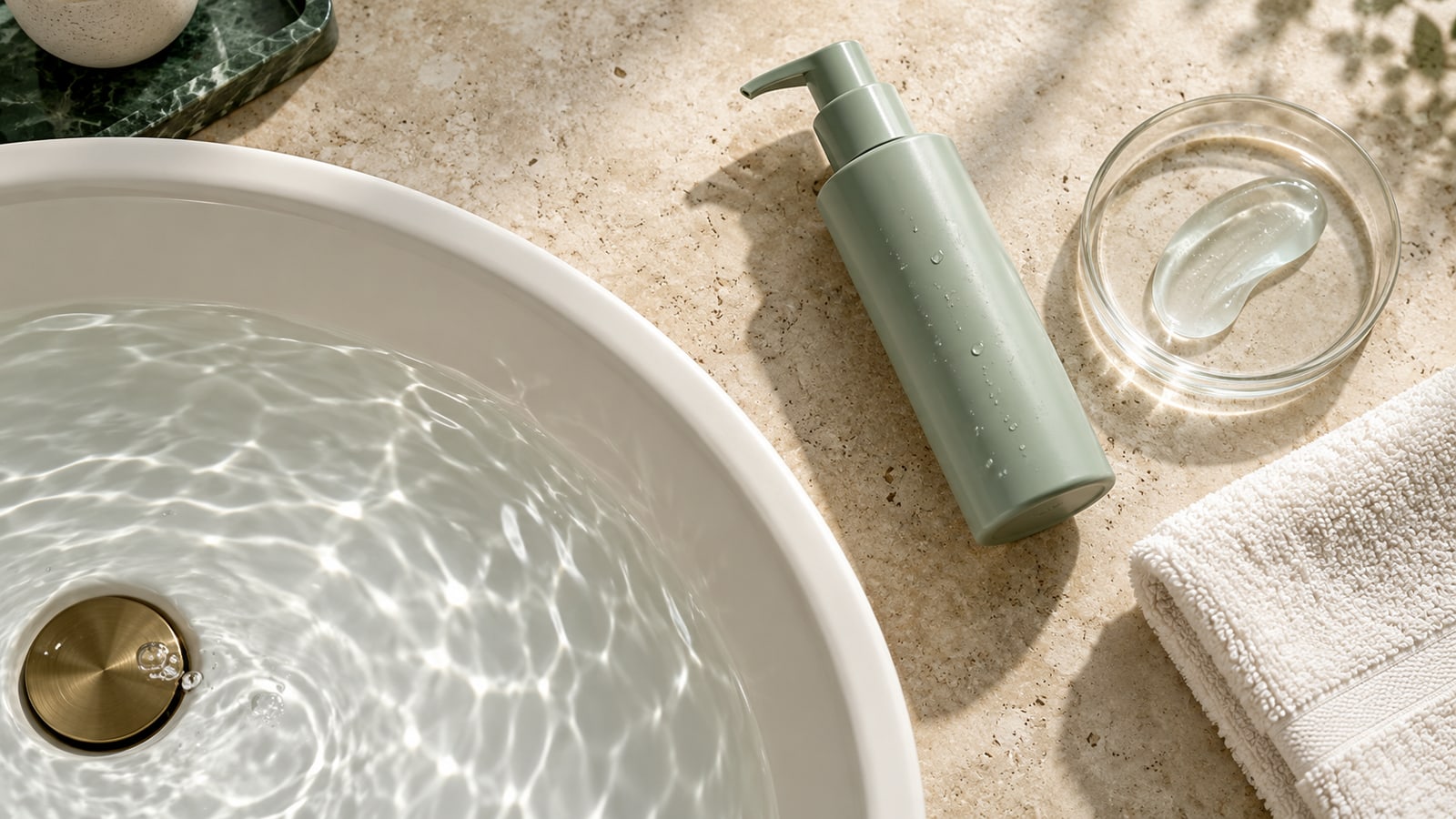 Illustrative sage cleanser bottle, clear gel dish and folded towel beside an ivory washbasin