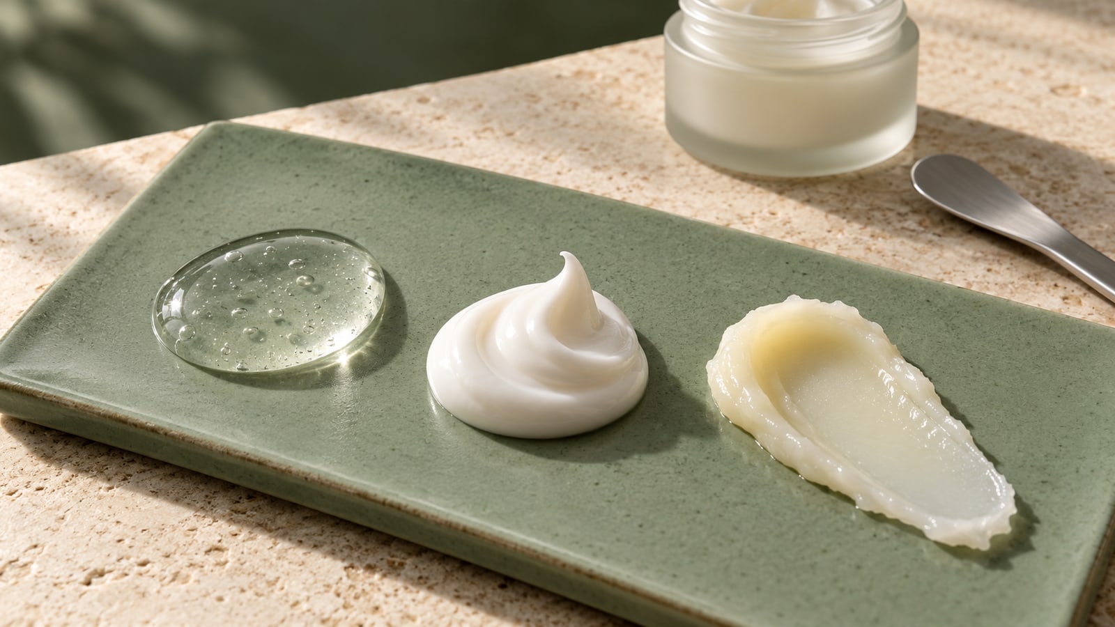Illustrative clear gel, white cream and pale balm textures on a sage ceramic tile