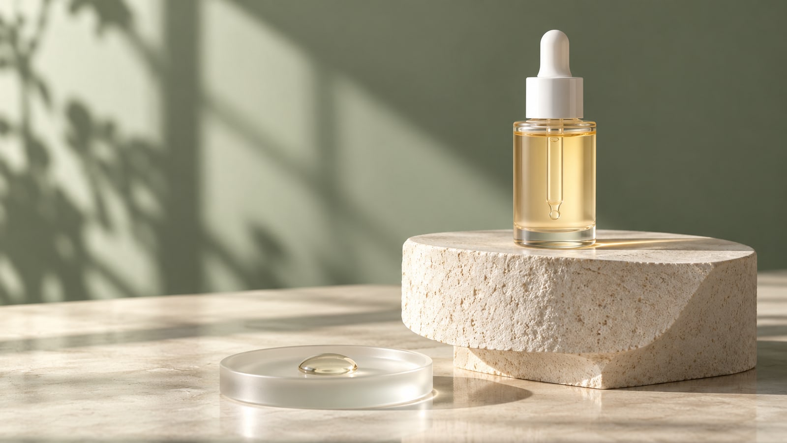 Illustrative unlabelled serum bottle on ivory stone with a clear drop on a frosted glass dish