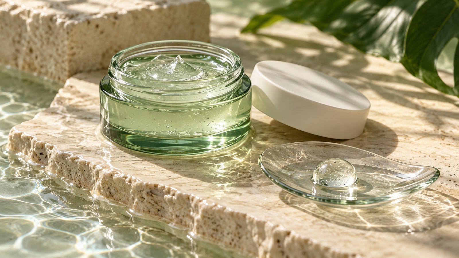 Illustrative pale-green moisturiser jar and clear gel on glass beside ivory stone