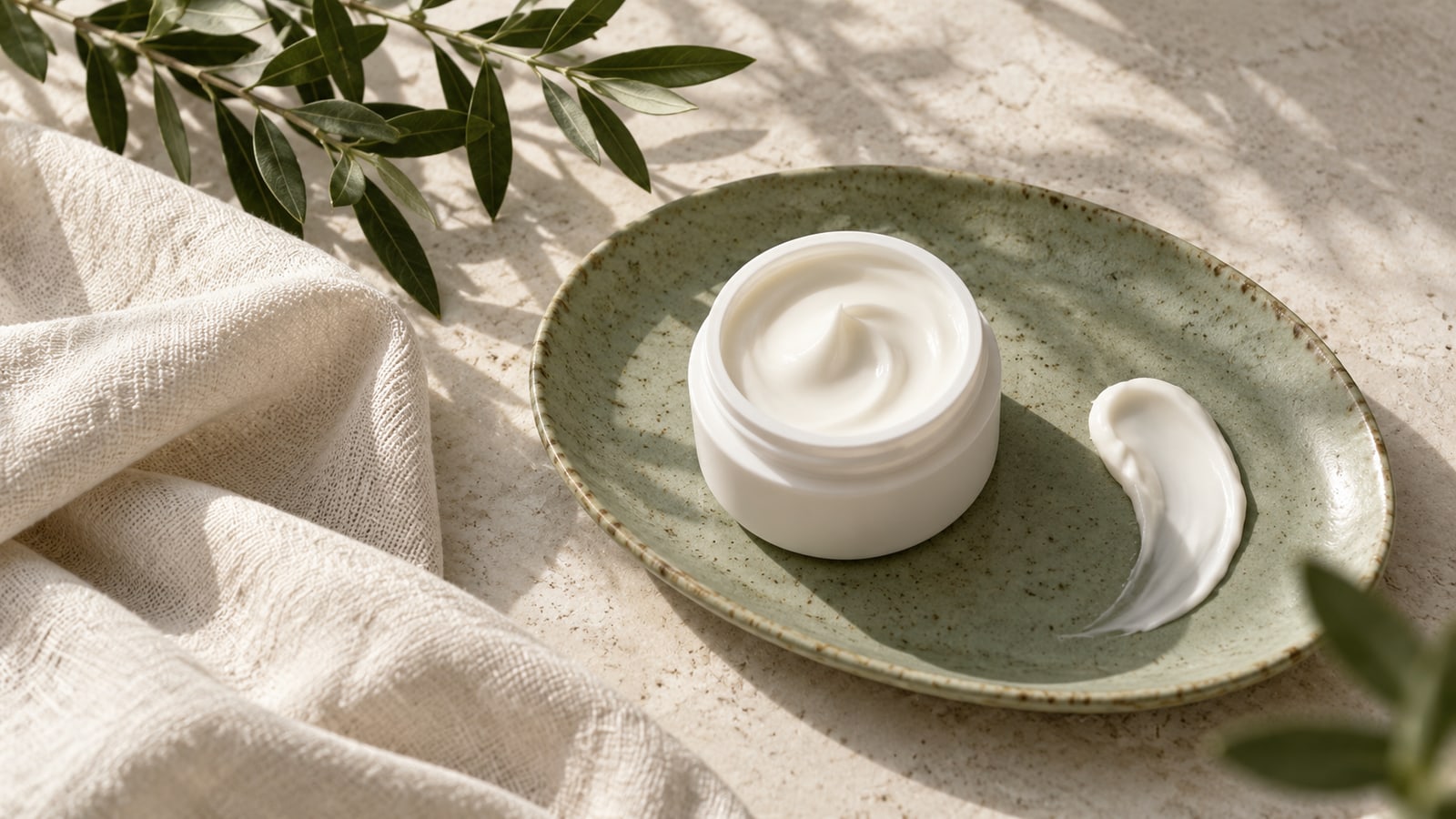 Illustrative white moisturiser jar and cream swipe on a sage ceramic plate