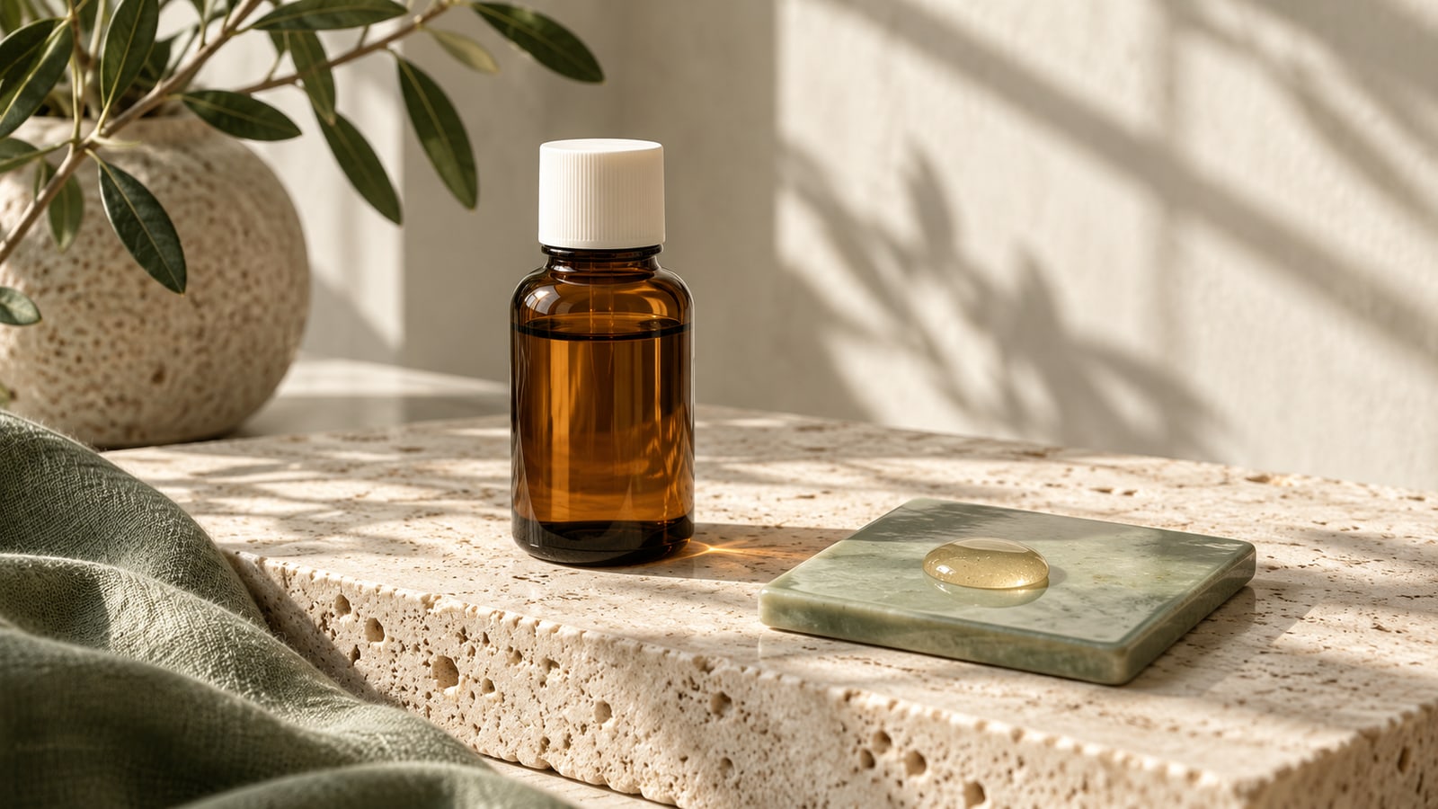 Illustrative unlabelled amber serum bottle and a pale gold drop on a sage tile