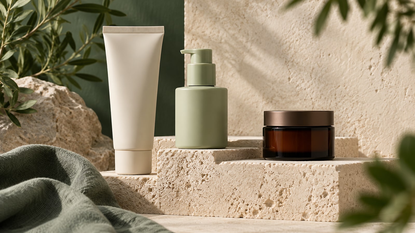 Illustrative unlabelled skincare tube, pump bottle and amber jar