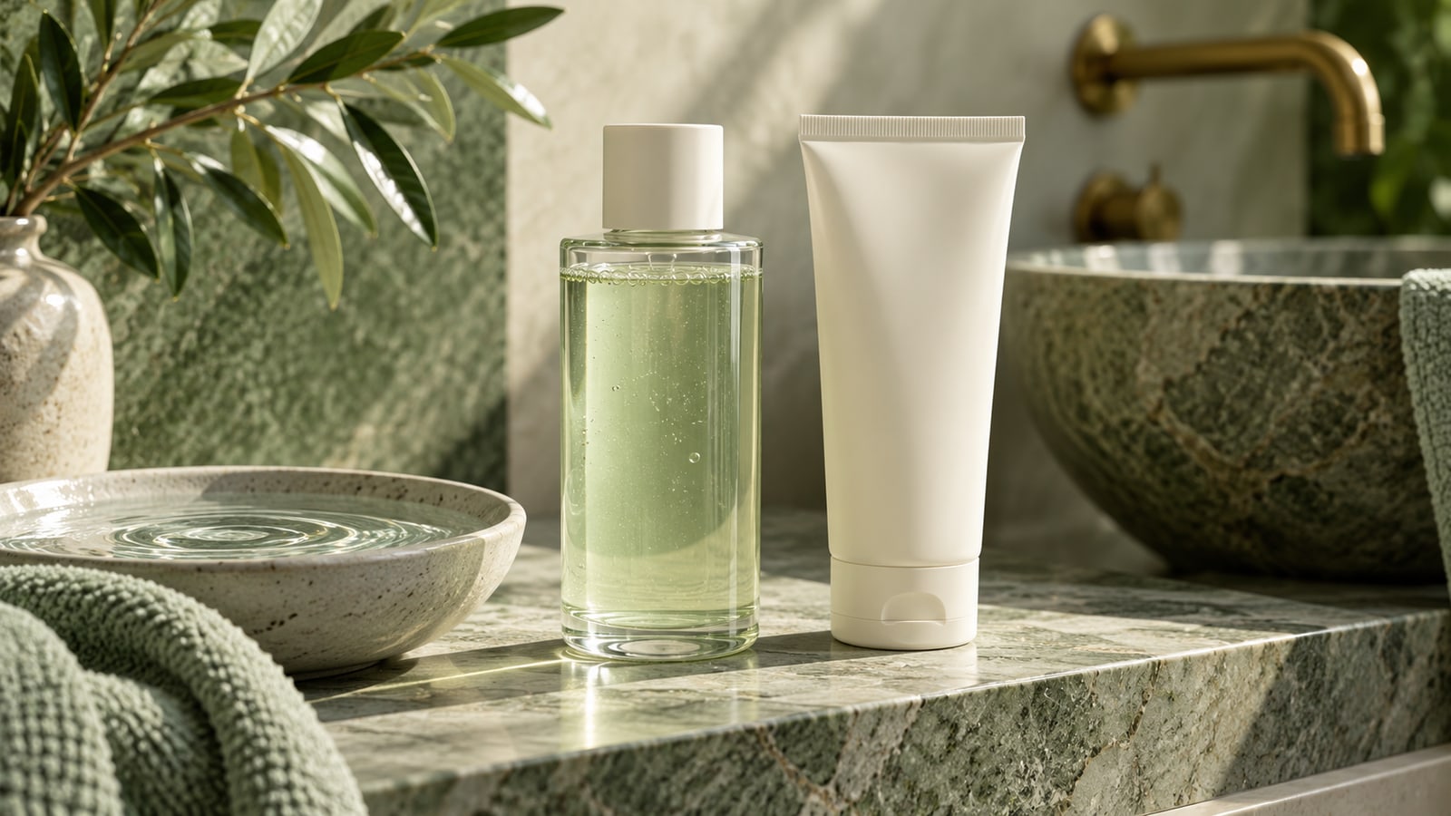 Illustrative unlabelled cleanser bottle and ivory tube on a sage ledge