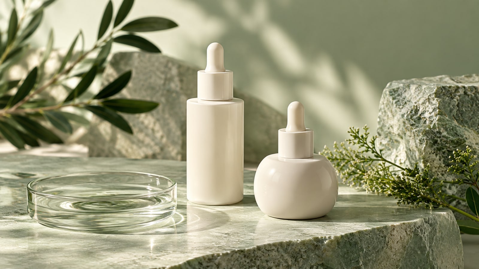 Illustrative plain ivory serum bottles on sage stone