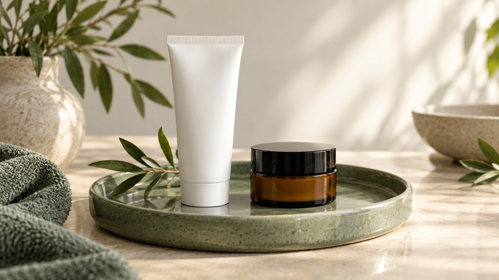 Illustrative plain white tube and amber jar on a sage tray