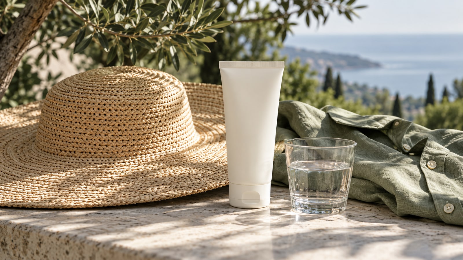 Plain sunscreen tube beside a sunhat and sage shirt in outdoor shade