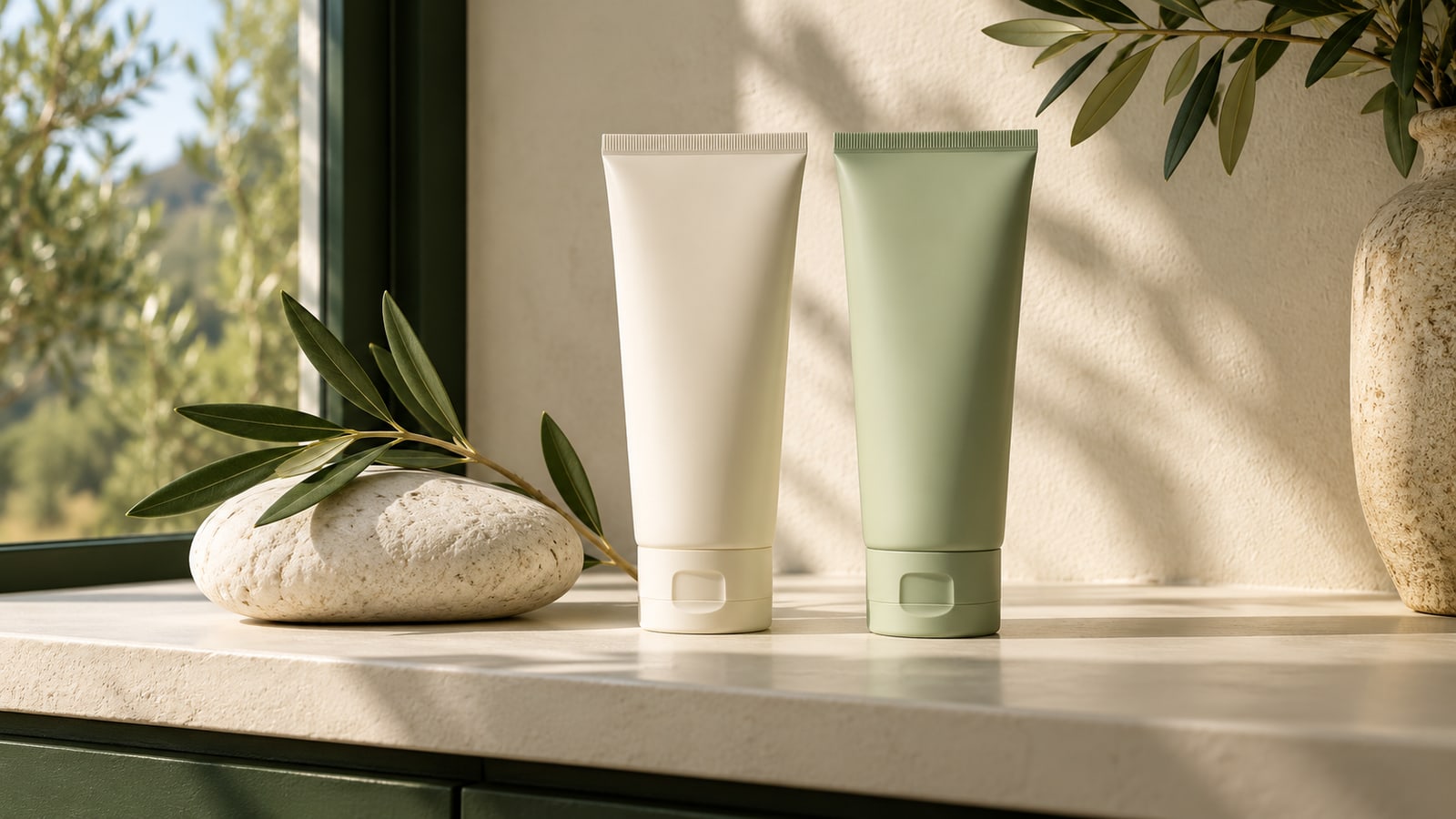 Two unlabelled ivory and sage sunscreen tubes beside a pale stone