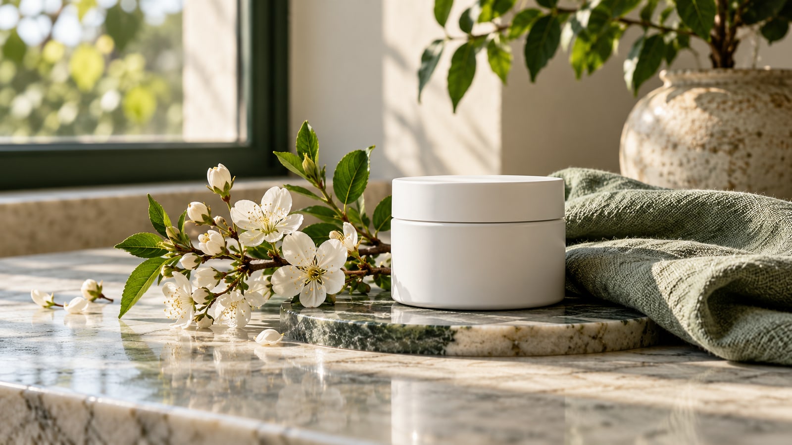 Plain ivory skincare jar beside delicate white blossoms and a sage cloth