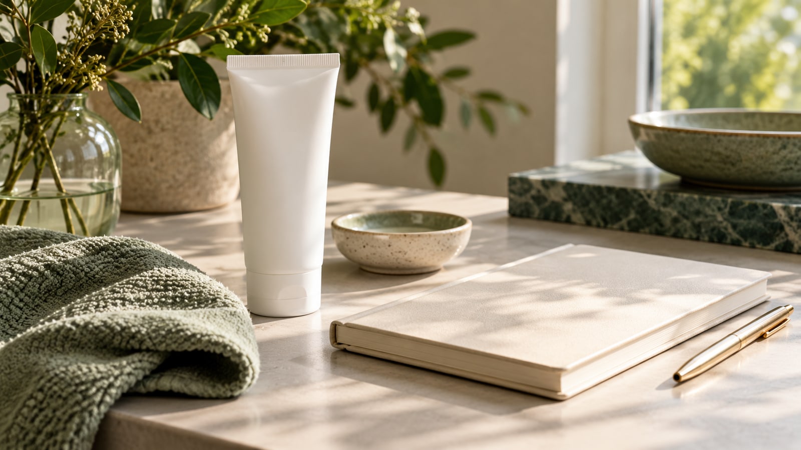 Plain skincare tube, blank notebook and sage cloth on a softly lit counter