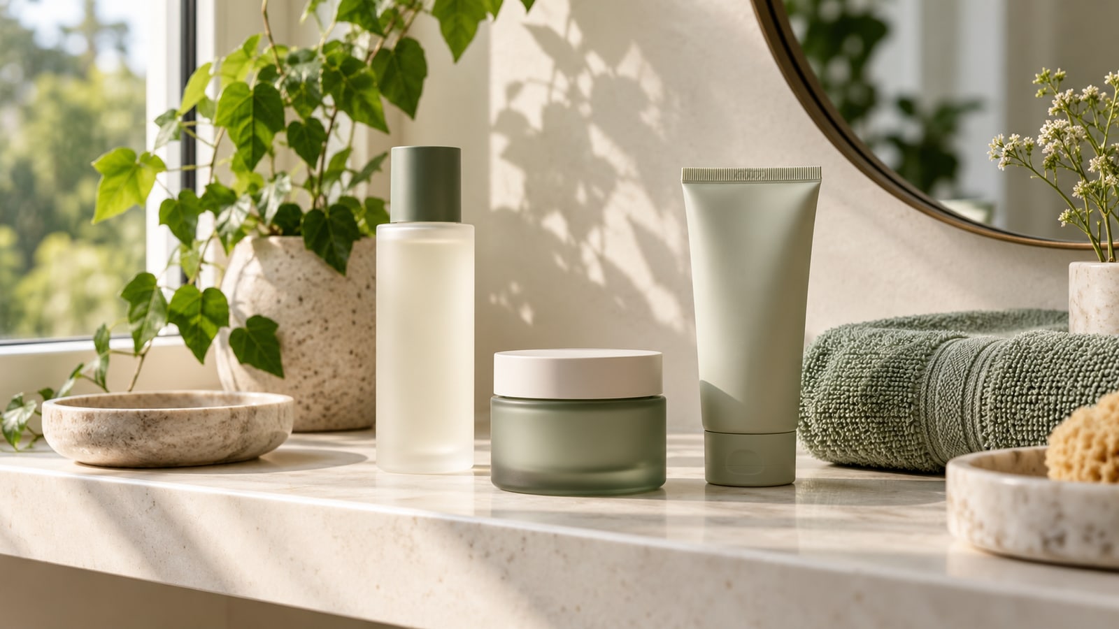 Three plain skincare containers arranged on an ivory shelf beside a sage towel