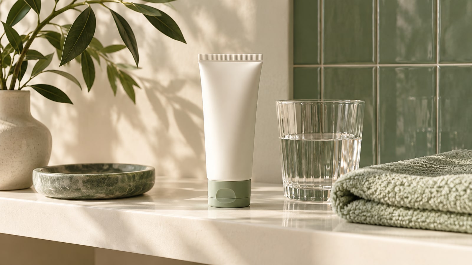 Plain closed skincare tube beside a soft cloth and water glass