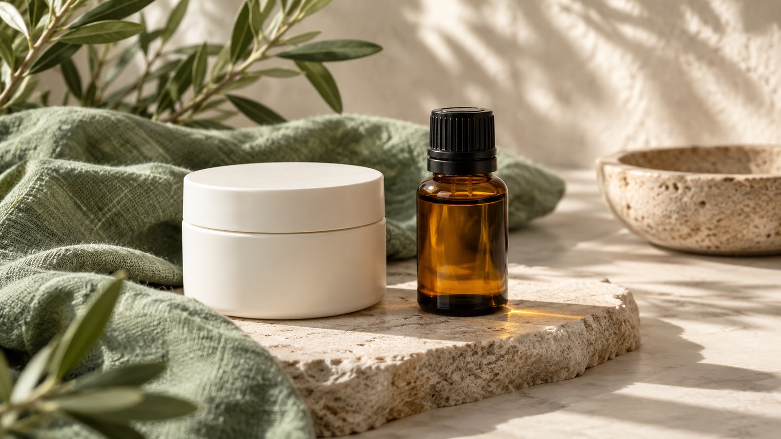 Plain white moisturiser jar beside a closed amber facial-oil bottle and sage cloth