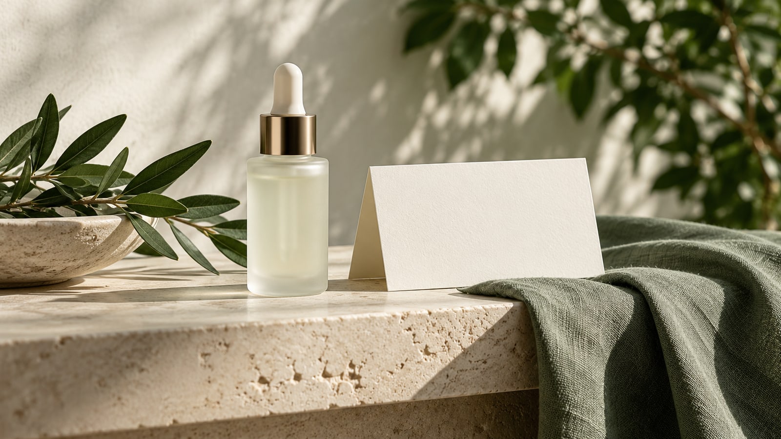 Plain serum bottle beside a blank folded information card and sage linen