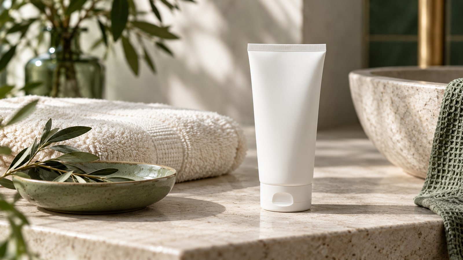Plain white moisturiser tube beside an ivory towel and sage ceramic dish.