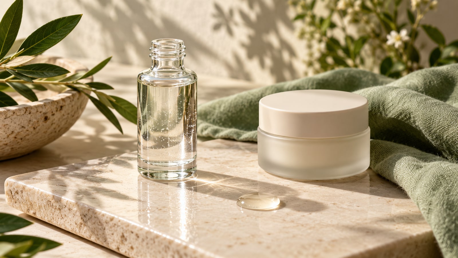 Unlabelled clear skincare bottle, cream jar and transparent droplet on a pale ceramic surface.