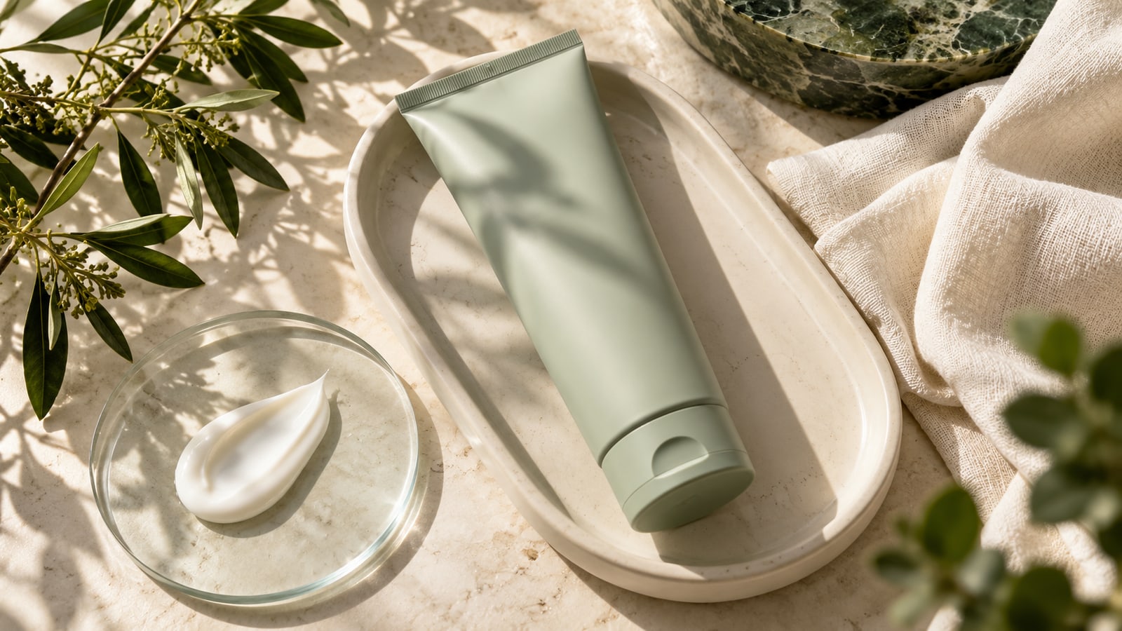 Closed pale sage skincare tube on an ivory tray beside a small dab of white cream.