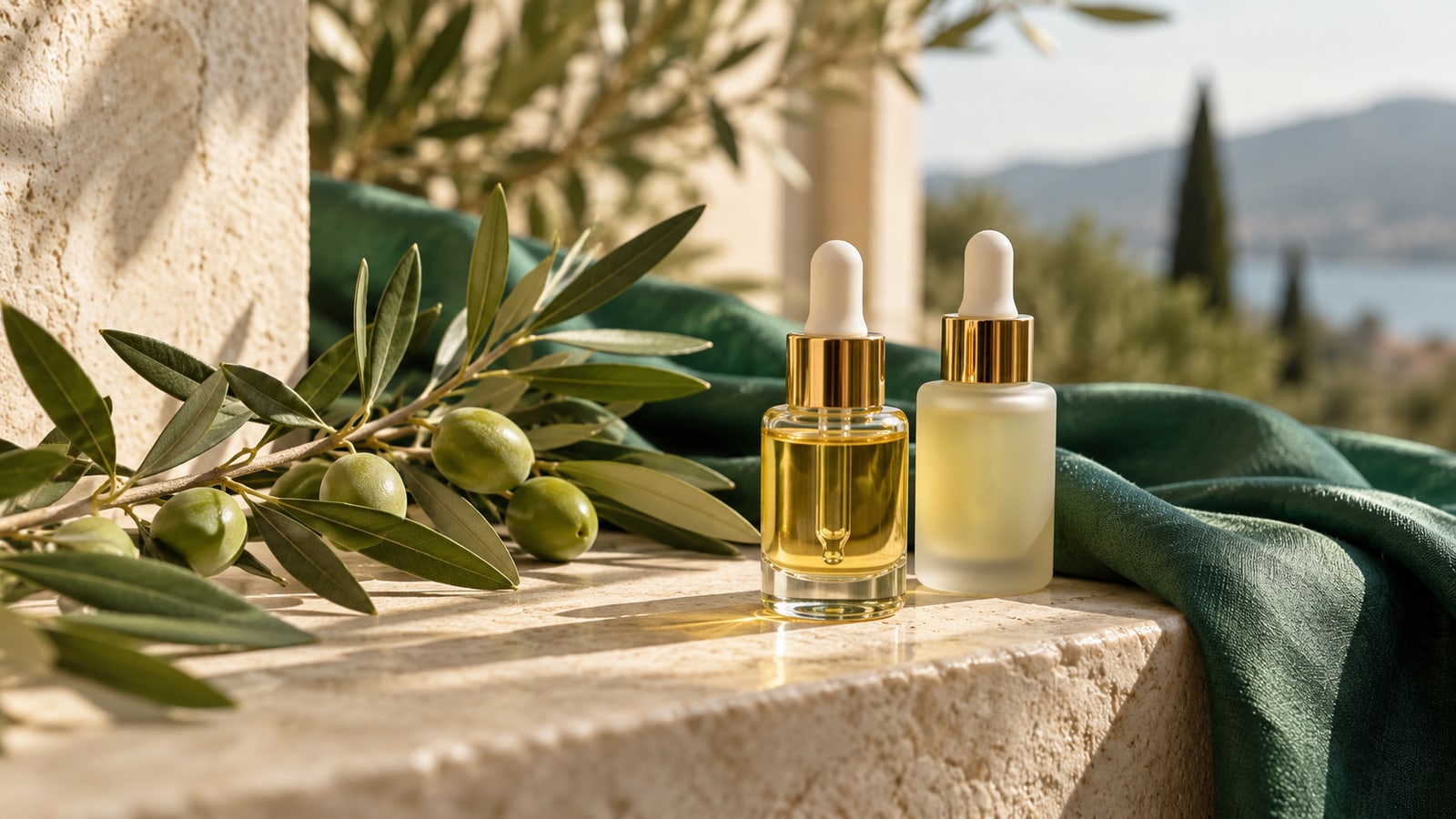 Clear and frosted unlabelled oil bottles with an olive branch and emerald fabric.