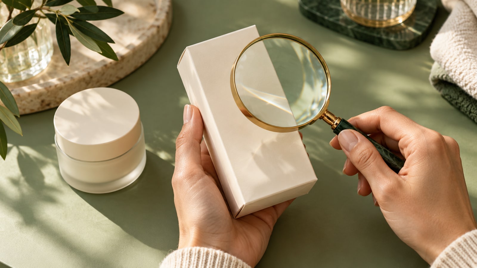 Hands holding a blank cream cosmetic carton and magnifying glass beside a moisturiser jar.