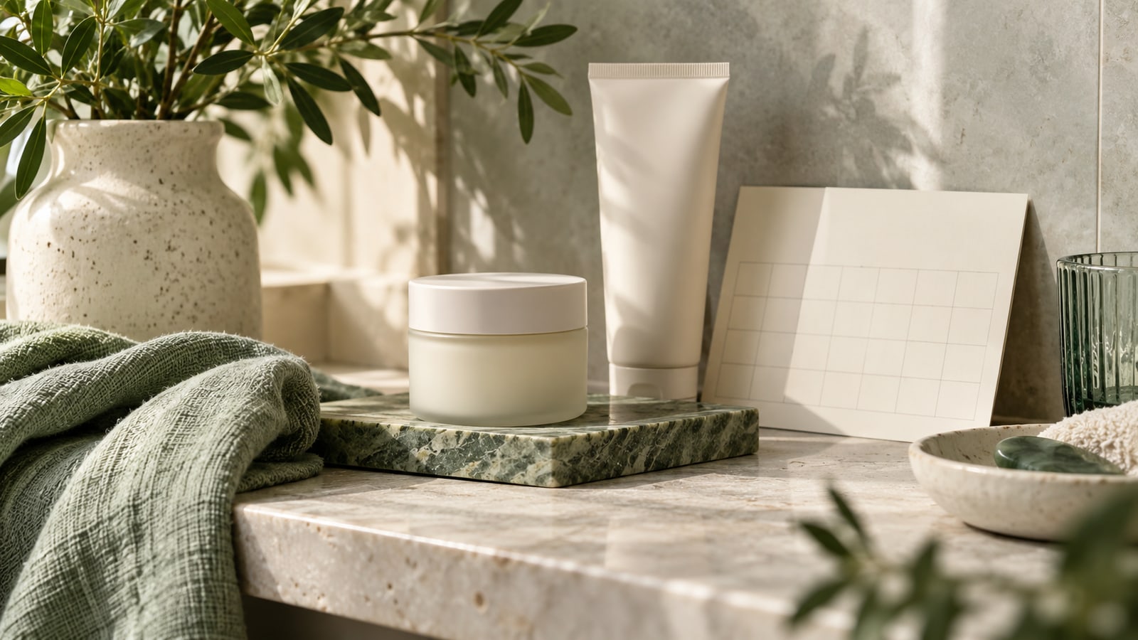 Unbranded moisturiser jar and skincare tube beside a blank calendar card on an ivory shelf.