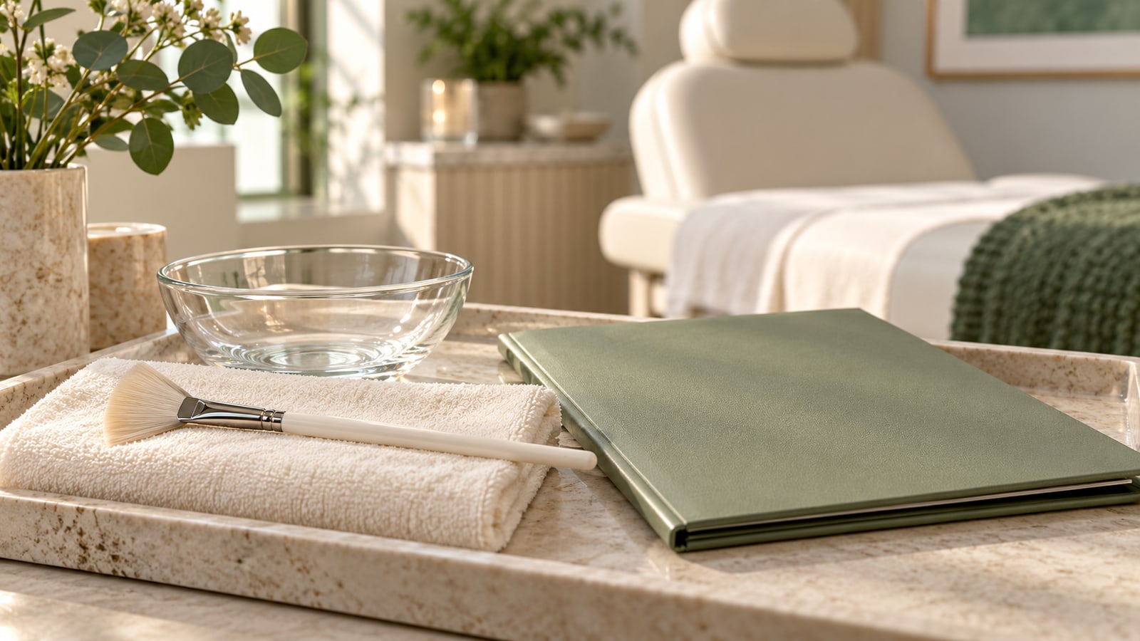 Illustrative fan applicator brush, empty glass bowl and sage folder in a fictional consultation setting