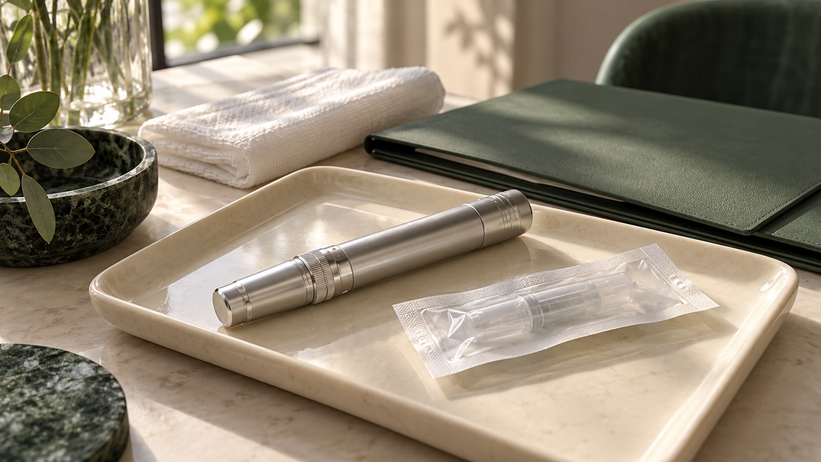 Illustrative capped cosmetic device and sealed cartridge packet on an ivory tray beside a green folder