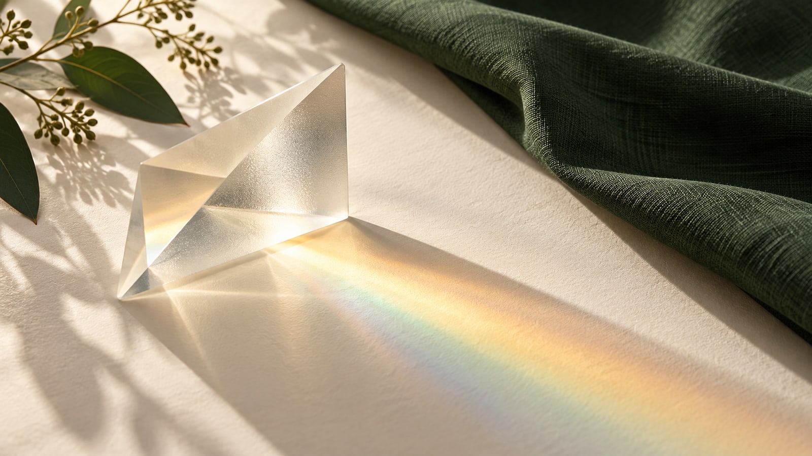 Illustrative glass prism casting soft coloured light onto ivory paper