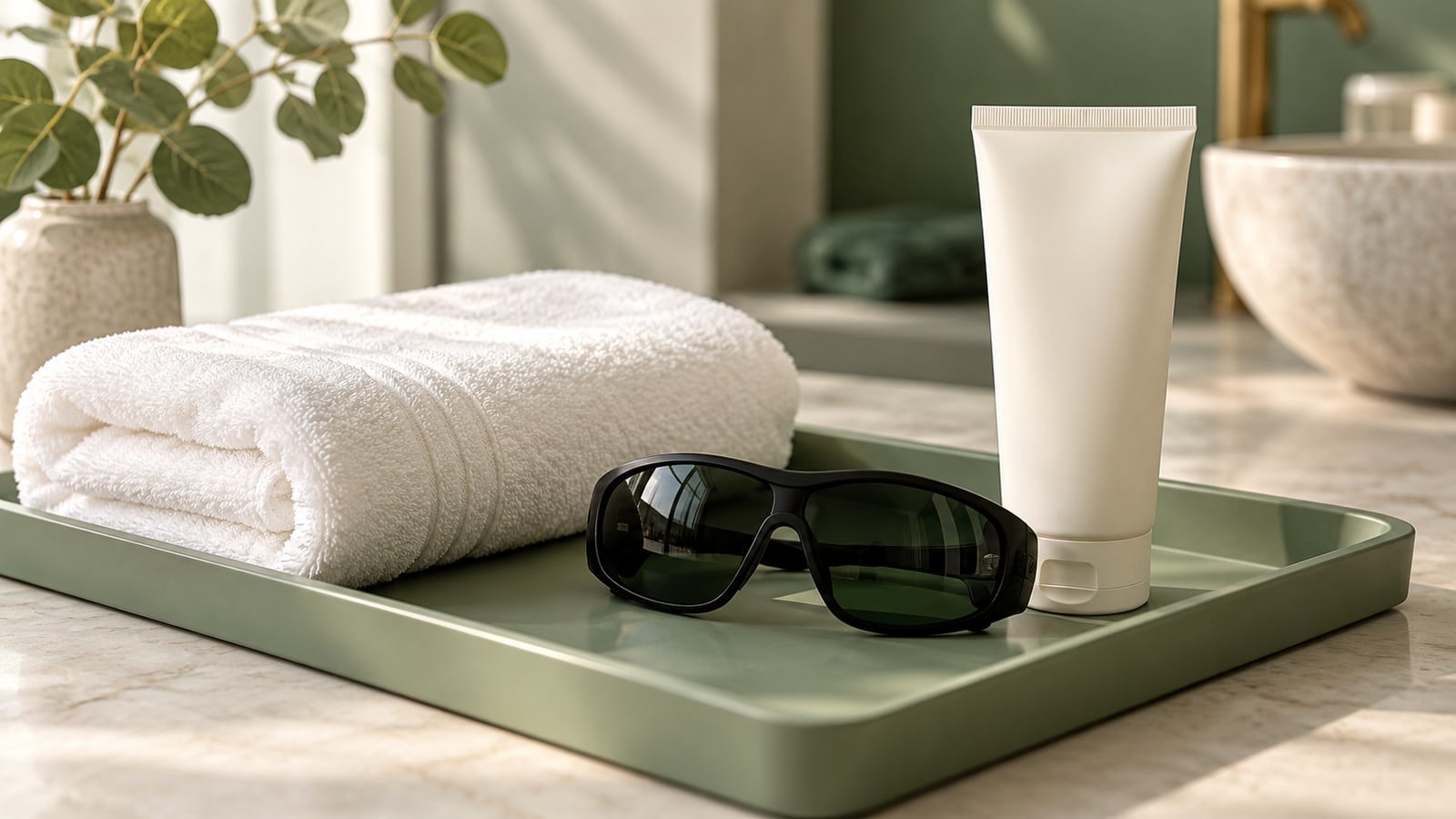 Illustrative dark protective eyewear, folded towel and plain tube on a sage tray