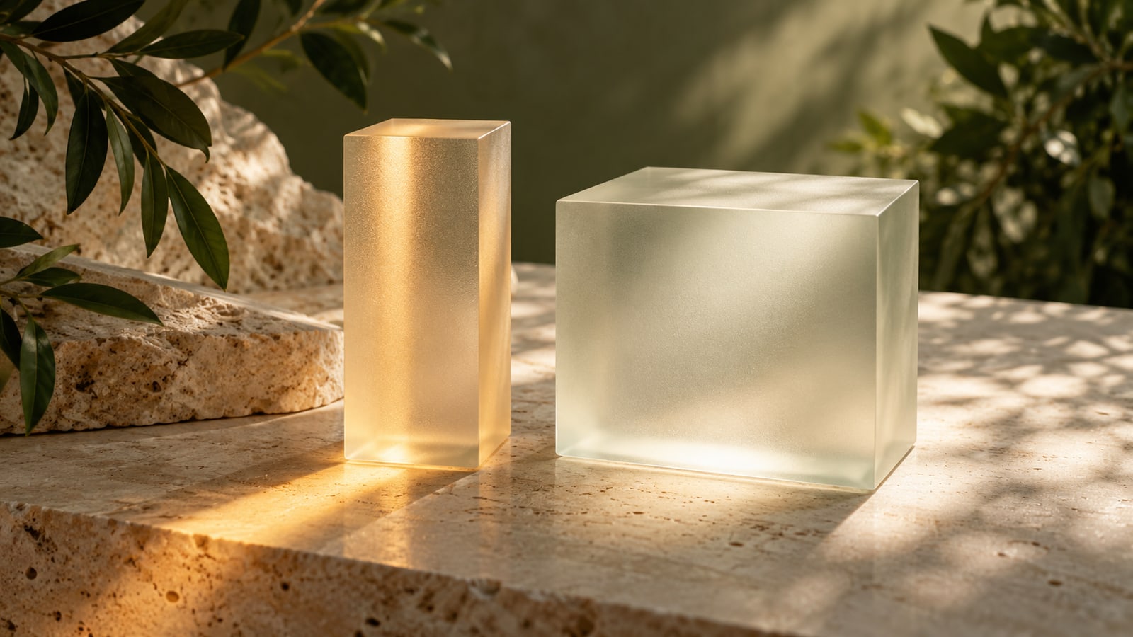 Decorative glass blocks illuminated by narrow and broad pools of light