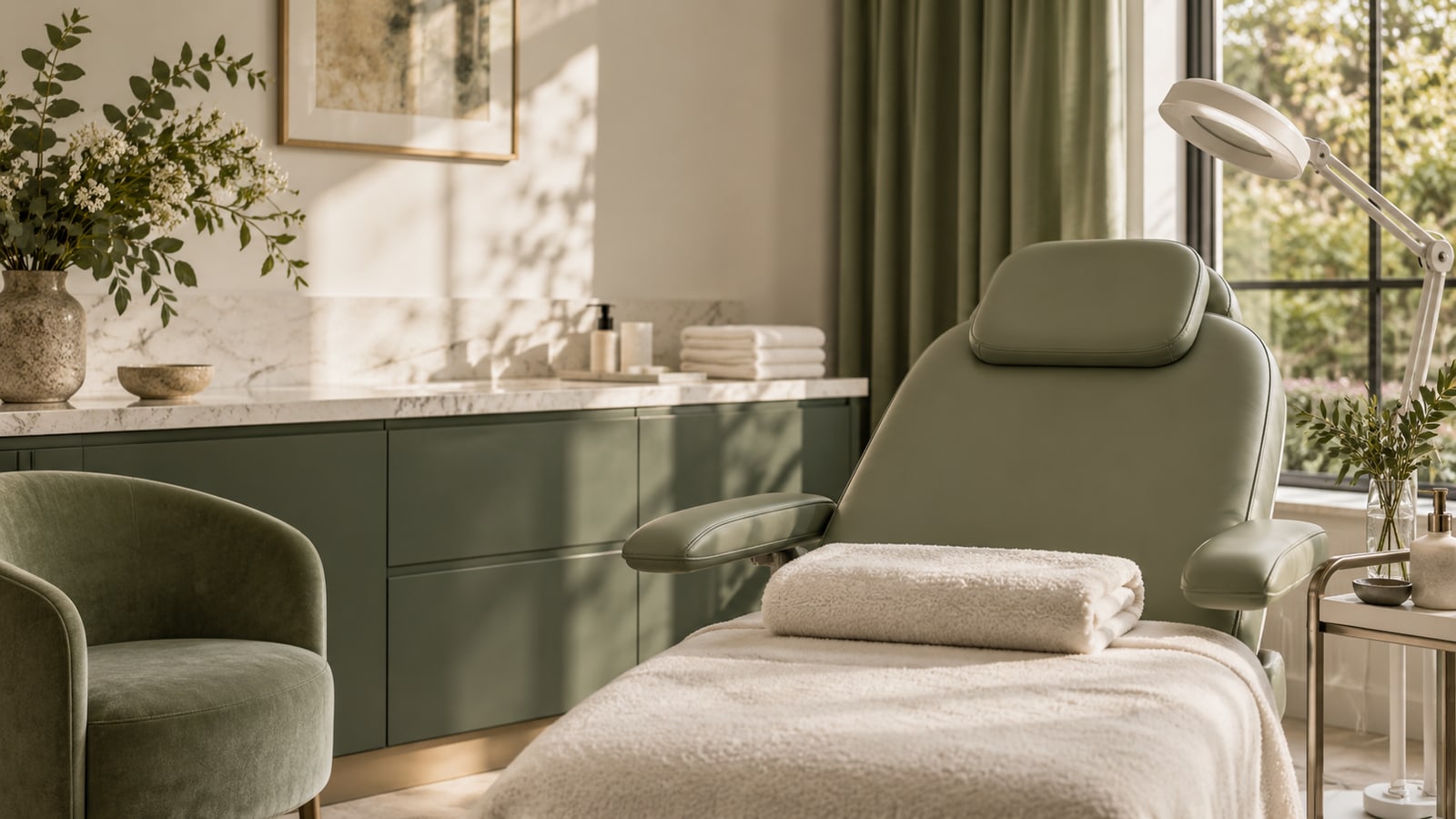 Illustrative empty consultation room with sage chair and magnifying lamp